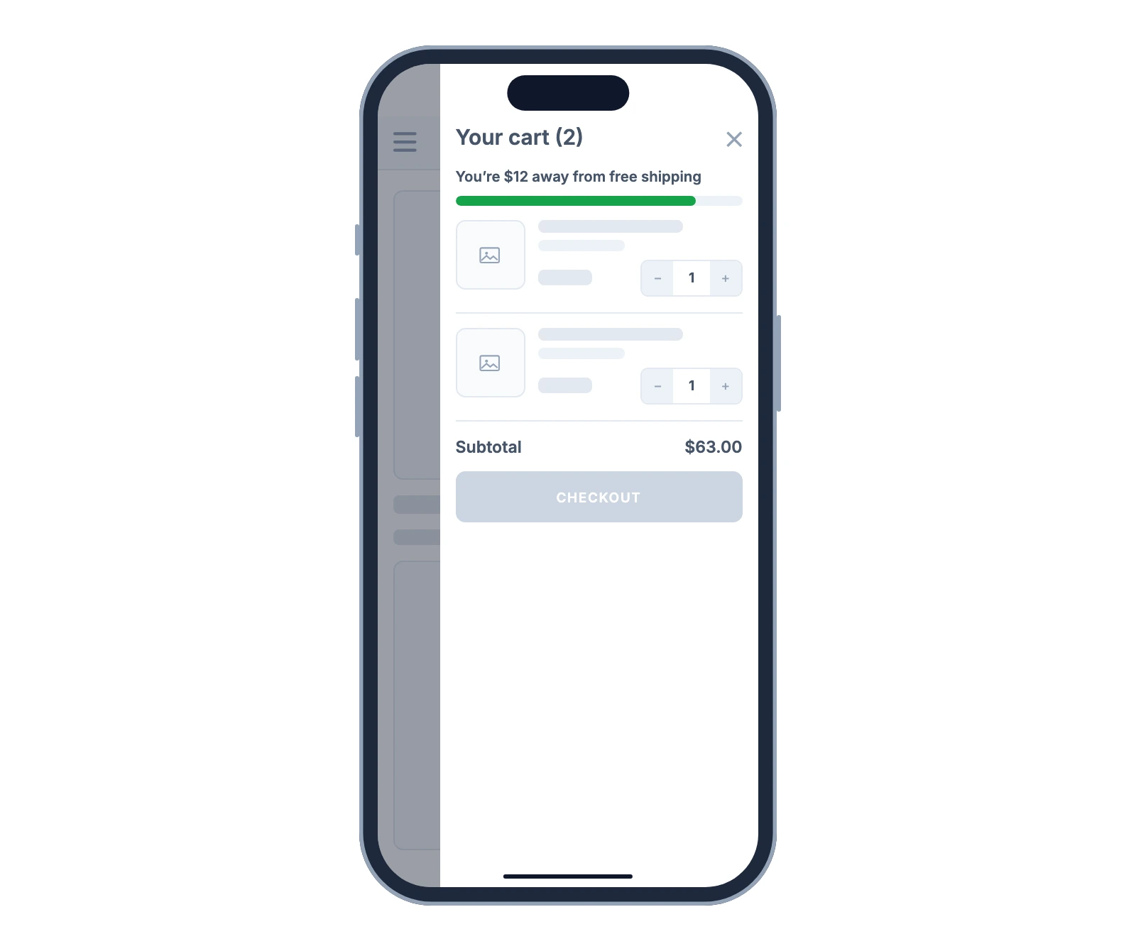 Mobile cart drawer wireframe showing "Your cart (2)", a message reading "You're $12 away from free shipping" with a progress bar above the two cart items, a $63.00 subtotal and a Checkout button