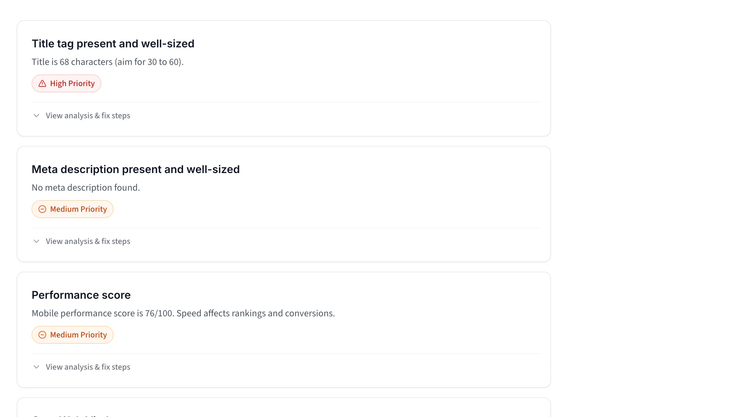 Prioritized Shopify SEO findings shown as collapsed cards